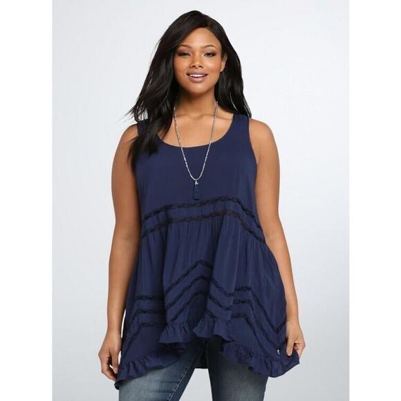 Torrid Size 0 / L Challis Hi Lo Ruffle Tank Top Tunic Navy Blue Lace - Picture 2 of 11